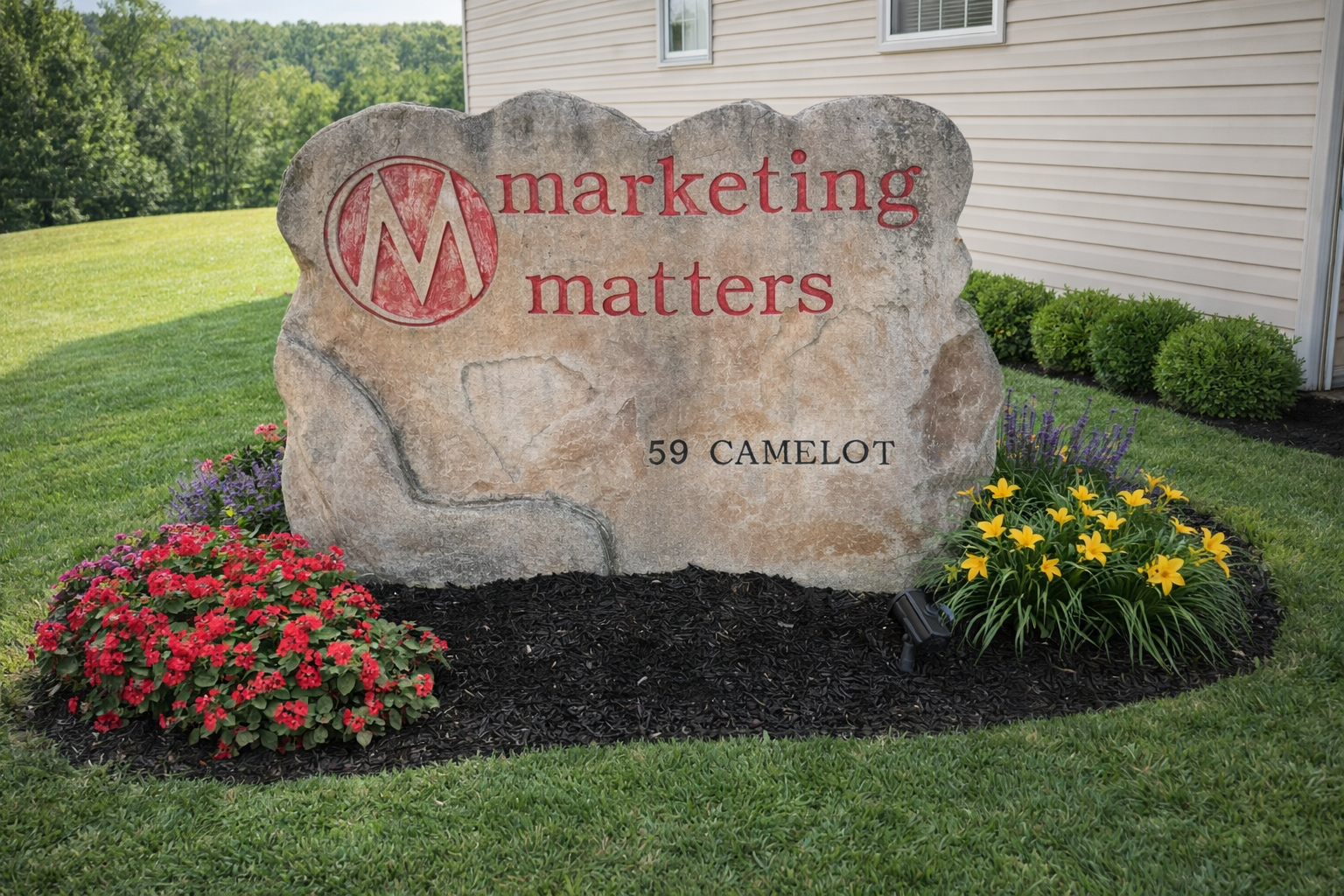 Decorative stone sign with 'marketing matters' and address '59 Camelot' in a garden setting.